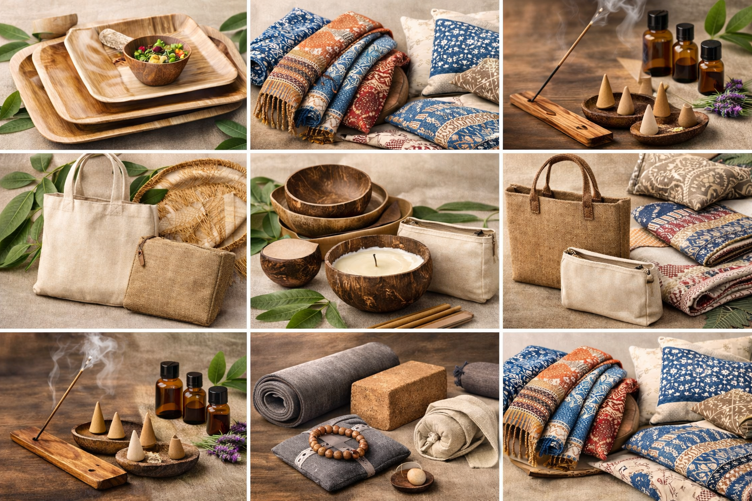 Eco-friendly Indian products collage including areca leaf plates, cotton bags, block printed textiles, incense and yoga accessories